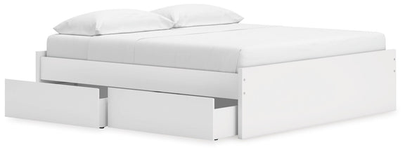 White platform bed with single side storage drawer