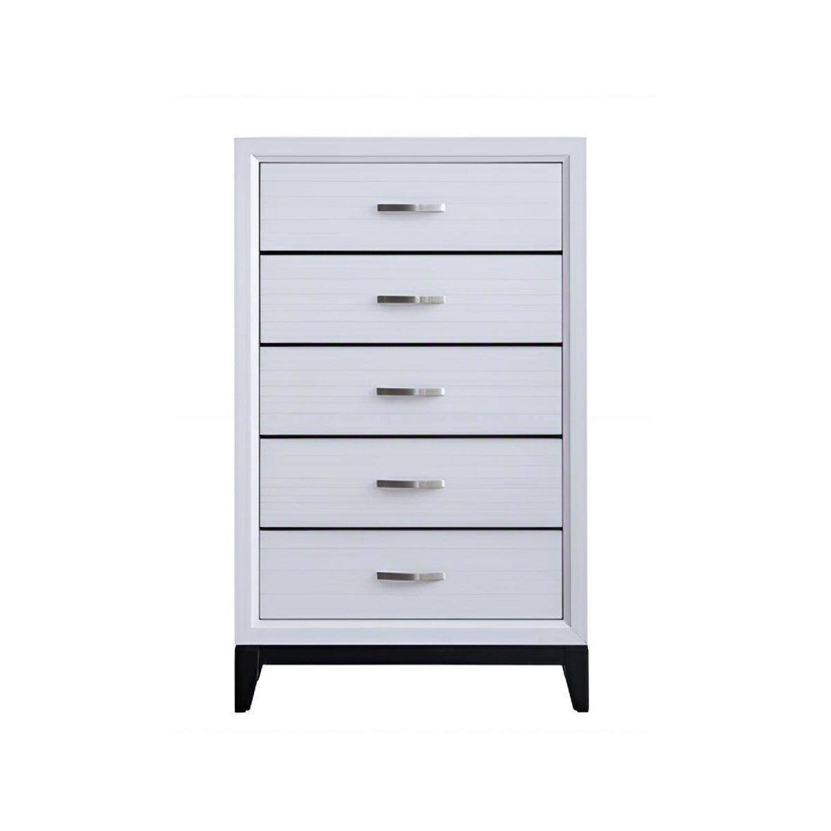 White chest of drawers with four stacked drawers and brushed metal bar handles