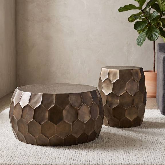 Pair of bronze hex-pattern round end tables with gray tops