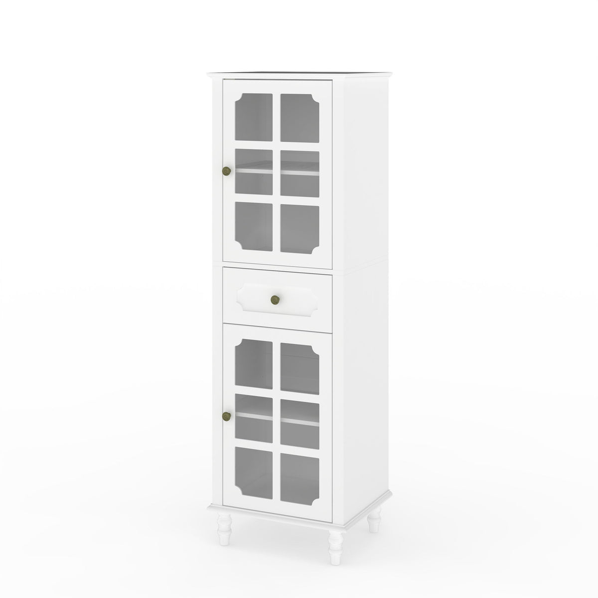 White freestanding curio cabinet with two grid glass doors, center drawer, and short legs