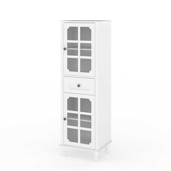 White freestanding curio cabinet with two grid glass doors, center drawer, and short legs