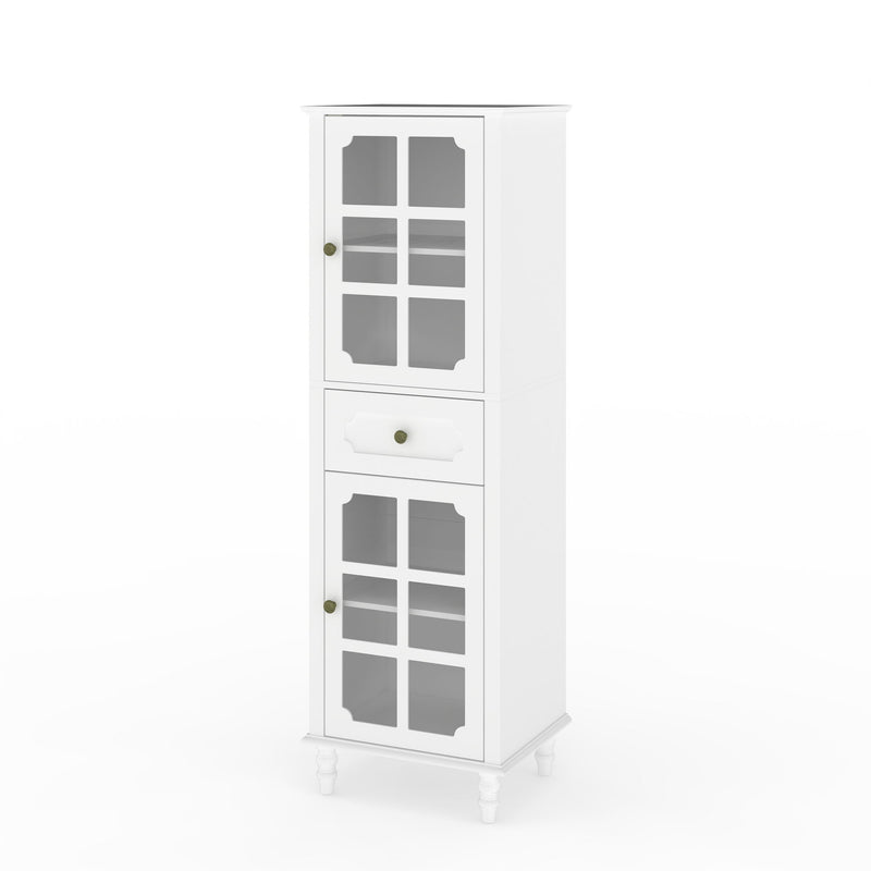 White freestanding curio cabinet with two grid glass doors, center drawer, and short legs