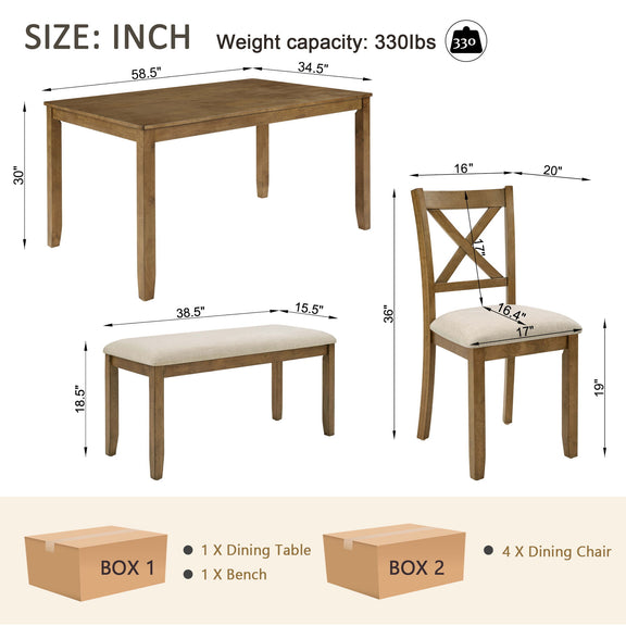 Rectangular dining table with upholstered bench and four cross-back chairs, light oak.