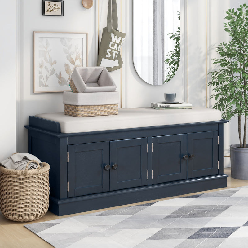 Four-door shoe storage bench in dark blue with a light removable cushion