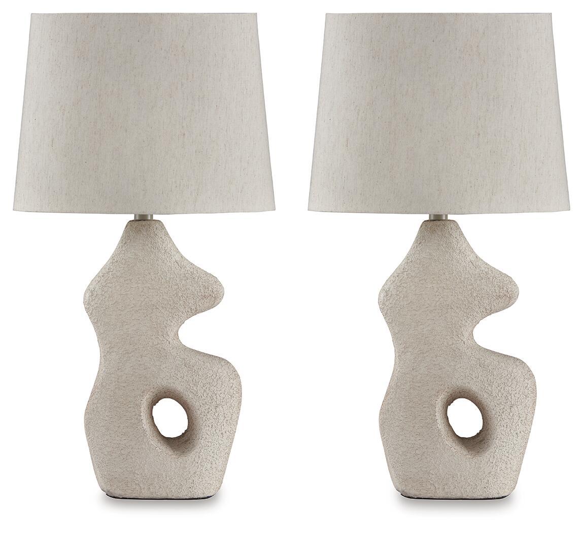 Set of 2 paper table lamps with beige shades and sculpted bases with circular cutouts