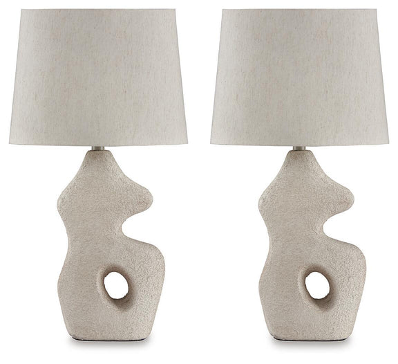 Set of 2 paper table lamps with beige shades and sculpted bases with circular cutouts