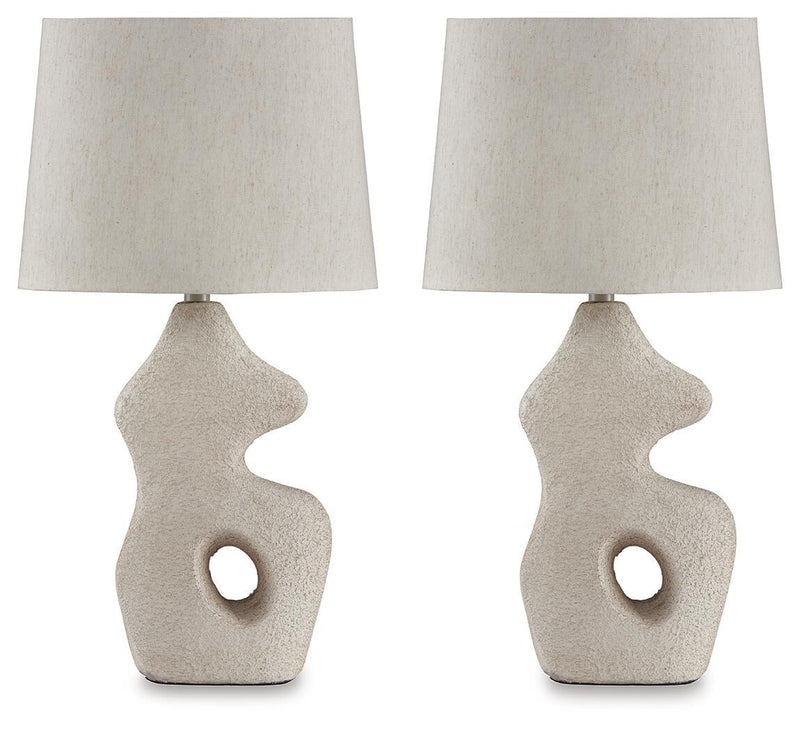 Set of 2 paper table lamps with beige shades and sculpted bases with circular cutouts