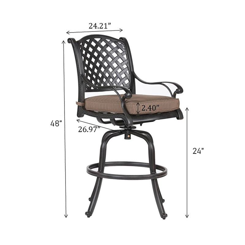 Elegant Cast Aluminum Counter Stool Set With Cushions, All Weather Design - Dark Brown