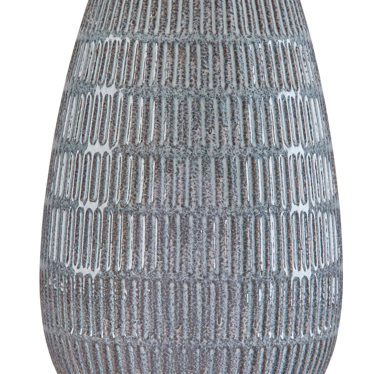 Blue-gray ceramic table lamp base close-up with ribbed, dotted texture