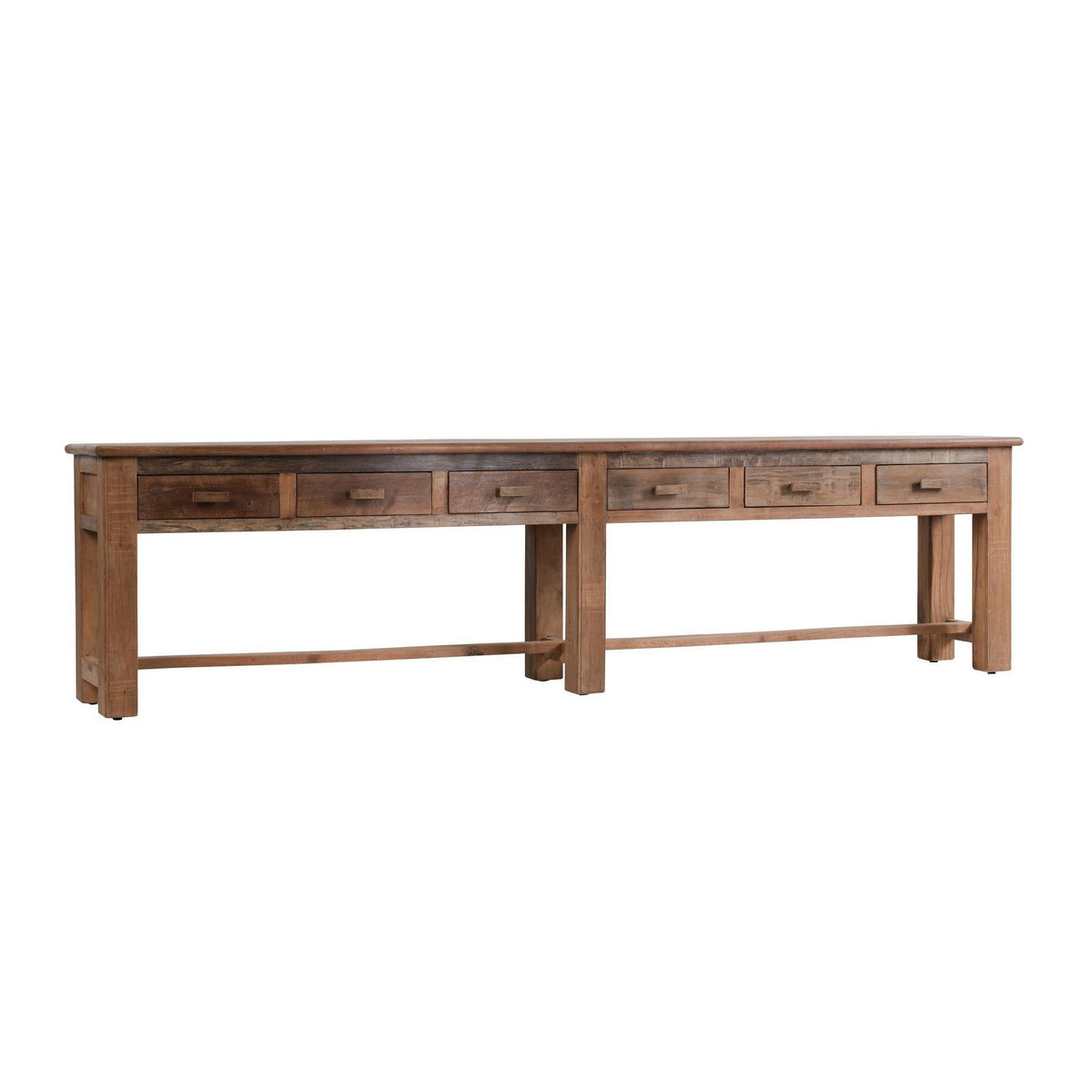 Reclaimed wood console table with 6 drawers and open center shelf