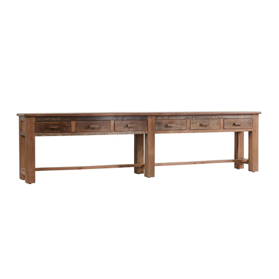 Reclaimed wood console table with 6 drawers and open center shelf