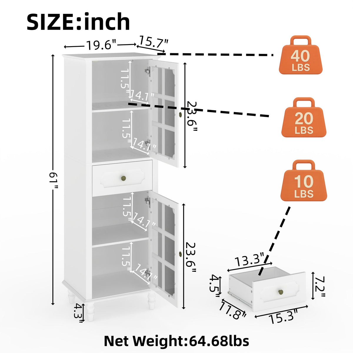 White curio cabinet with open doors and removable drawer, showing dimensions and shelf capacities