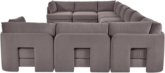 Gray velvet sectional sofa with modular corner chaise and cushioned back