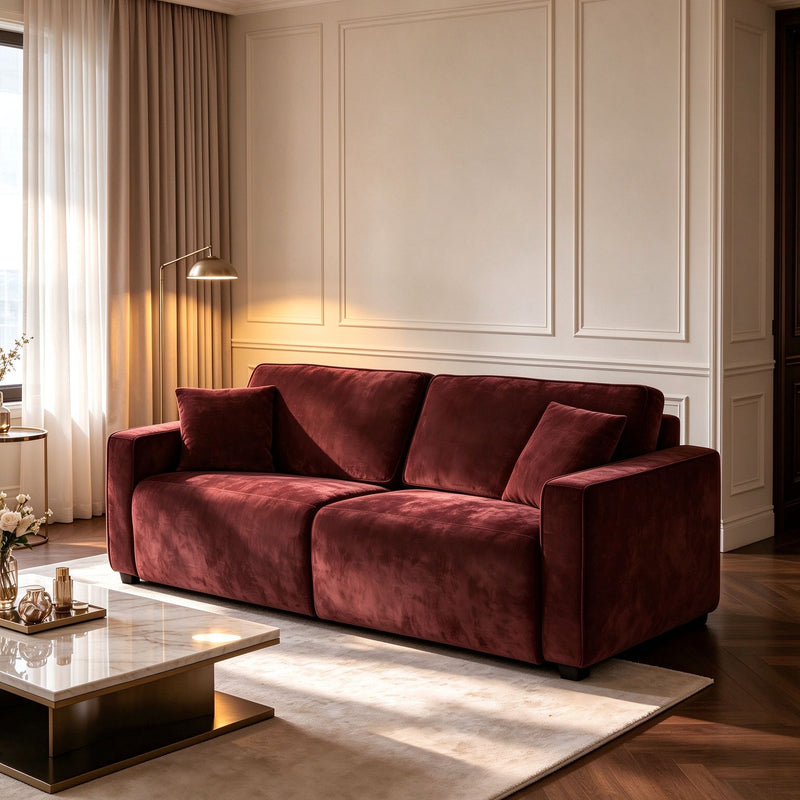 Dark red pull-out sofa bed with three back cushions and square armrests