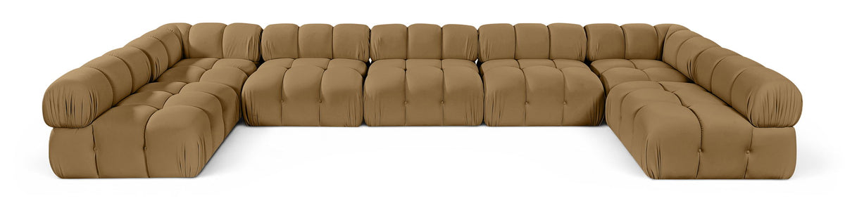 Light brown U-shaped modular sectional sofa with cushioned seat and rounded armrests