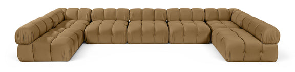Light brown U-shaped modular sectional sofa with cushioned seat and rounded armrests