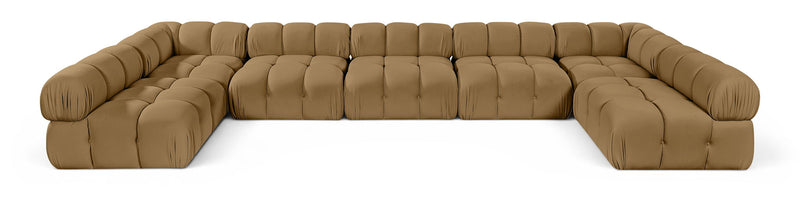 Light brown U-shaped modular sectional sofa with cushioned seat and rounded armrests