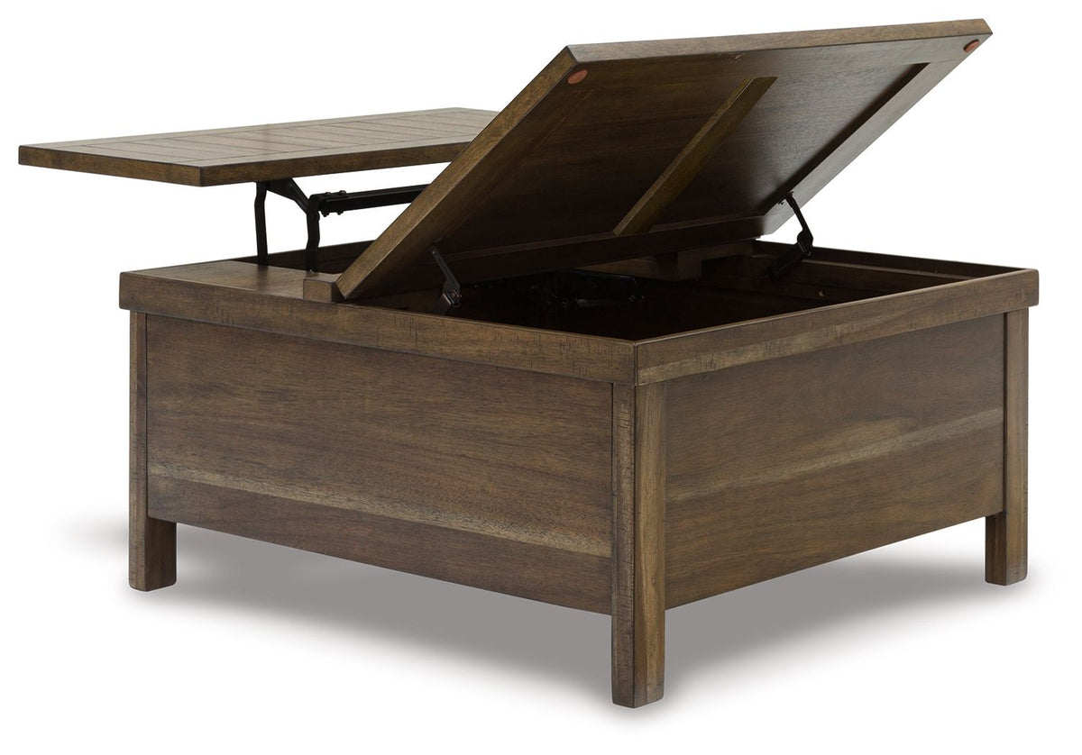 Grayish-brown lift-top cocktail table with hinged lid raised, showing interior storage