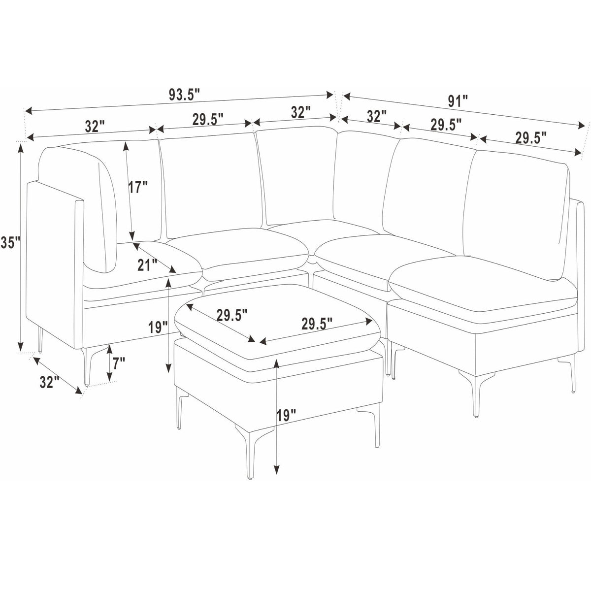 Dark gray sectional and ottoman layout diagram with measurements