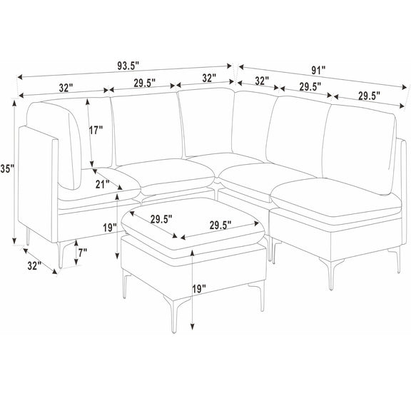Dark gray sectional and ottoman layout diagram with measurements