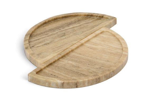 Beige marble tray with two round hinged sections and a curved cutout handle