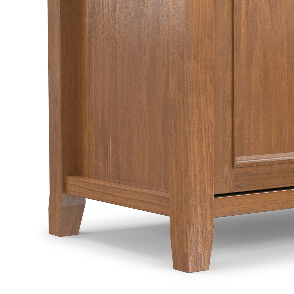 Saddle brown TV media stand corner with angled legs and drawer front