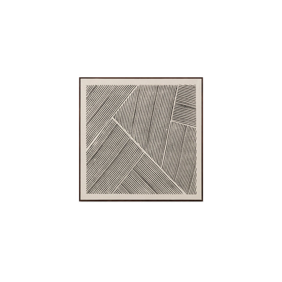 Framed geometric line-art painting with black stripes on a light beige background