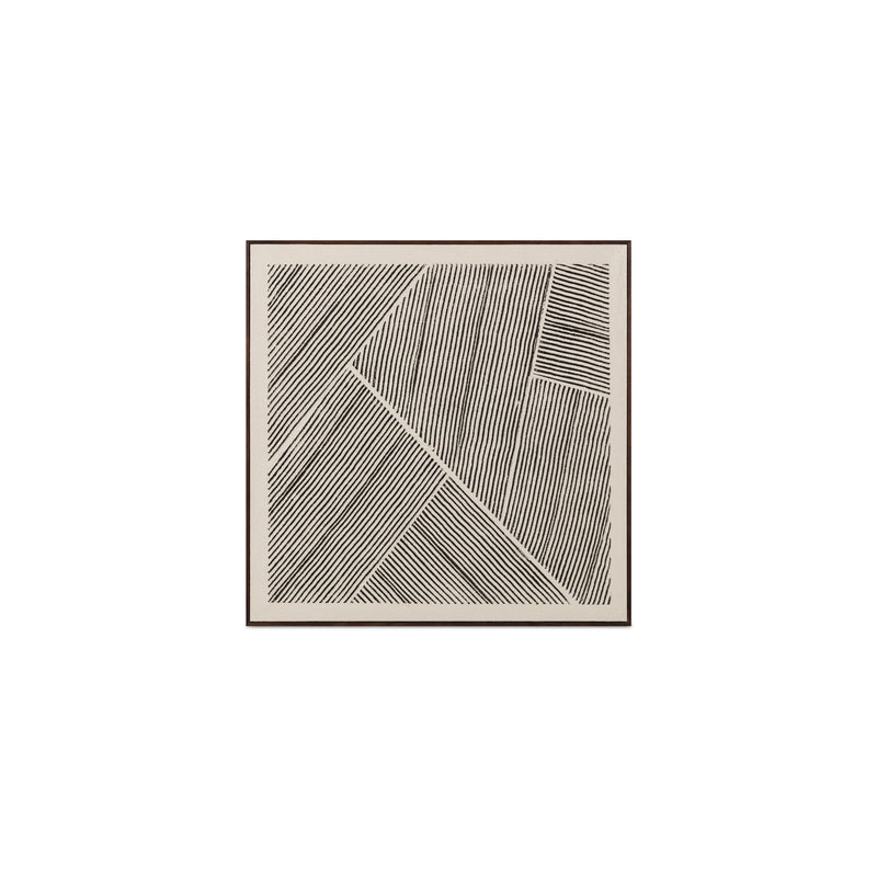 Framed geometric line-art painting with black stripes on a light beige background
