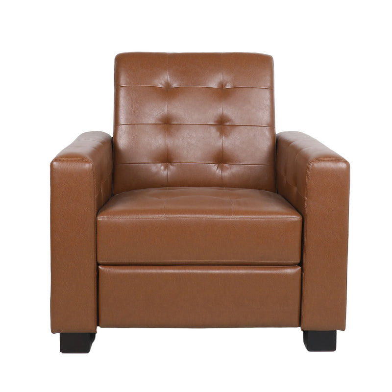 Light brown tufted pushback recliner with broad arms and black feet