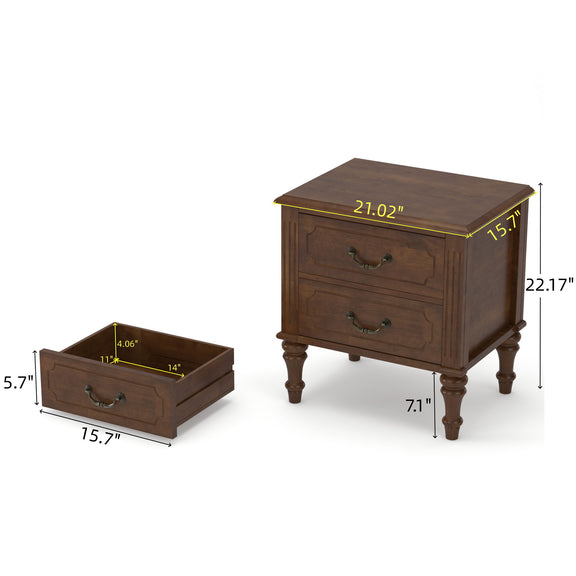 Walnut nightstand with two drawers and turned legs; open drawer detail
