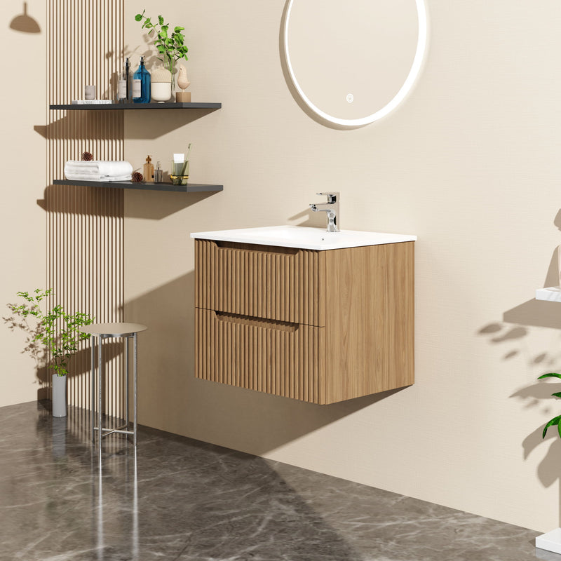 Wall-mounted vanity cabinet with vertical slat doors and white sink countertop