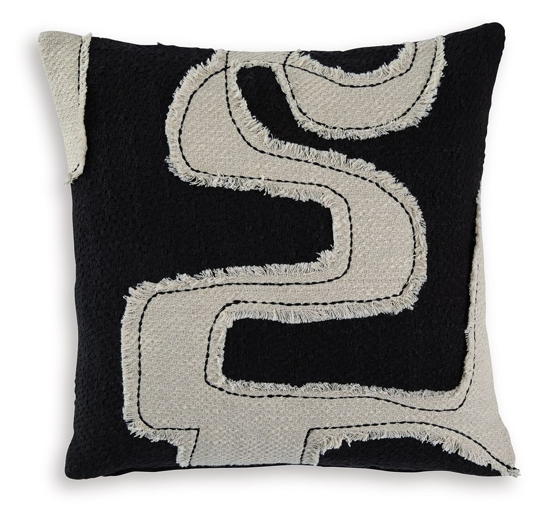 Black decorative pillow with beige embroidered abstract pattern and textured trim