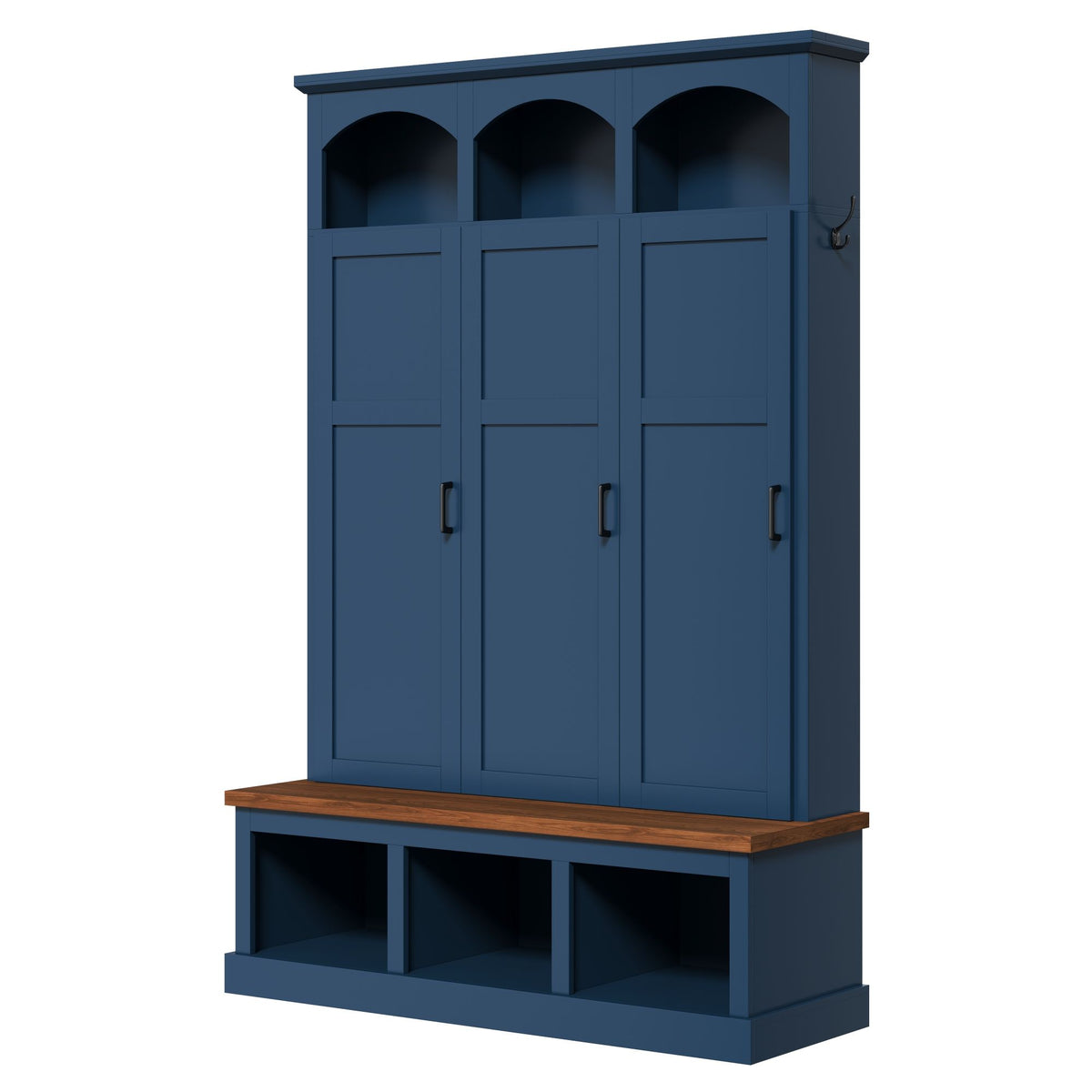 Blue hall tree with arched top cubbies, three cabinet doors, and lower open storage