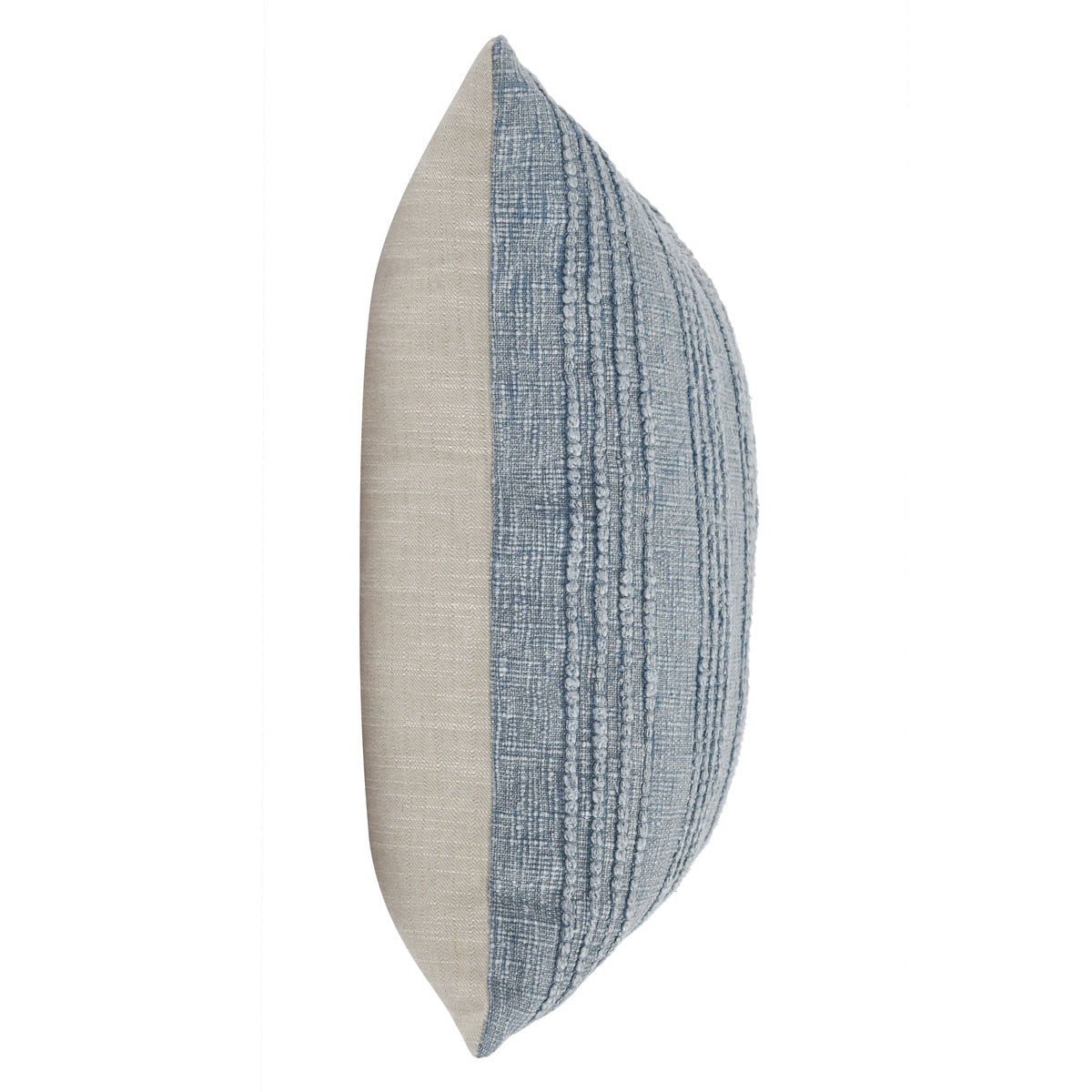 Two-tone blue and cream lumbar pillow shown from the side with seam detail