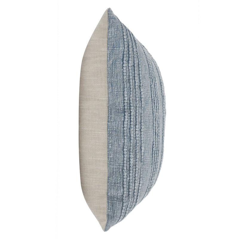 Two-tone blue and cream lumbar pillow shown from the side with seam detail
