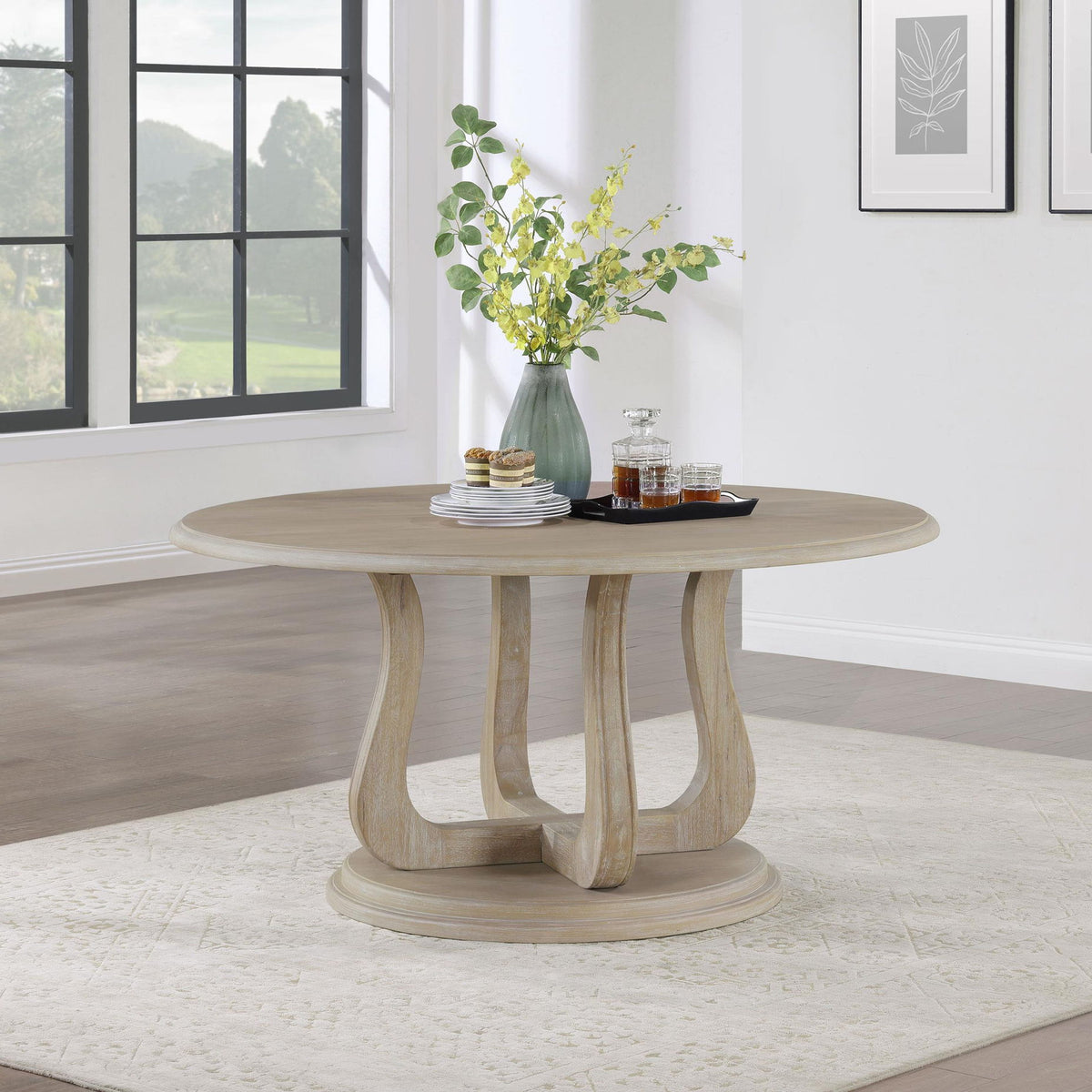Trofello Round 60-inch Pedestal Dining Table White Washed