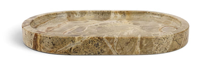 Round marble tray with beige and brown mottled pattern, flat rim.