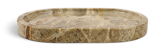 Round marble tray with beige and brown mottled pattern, flat rim.