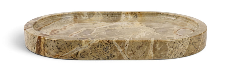 Round marble tray with beige and brown mottled pattern, flat rim.