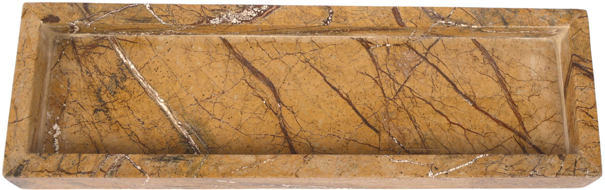 Tan-gold marble tray with dark crackle veining and a raised border, rectangular.