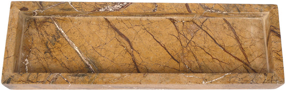 Tan-gold marble tray with dark crackle veining and a raised border, rectangular.
