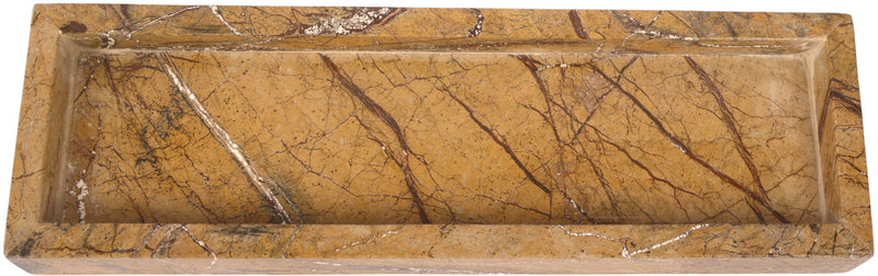 Tan-gold marble tray with dark crackle veining and a raised border, rectangular.