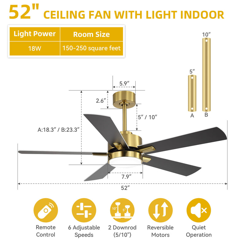 Gold ceiling fan with integrated light and reversible dark blades