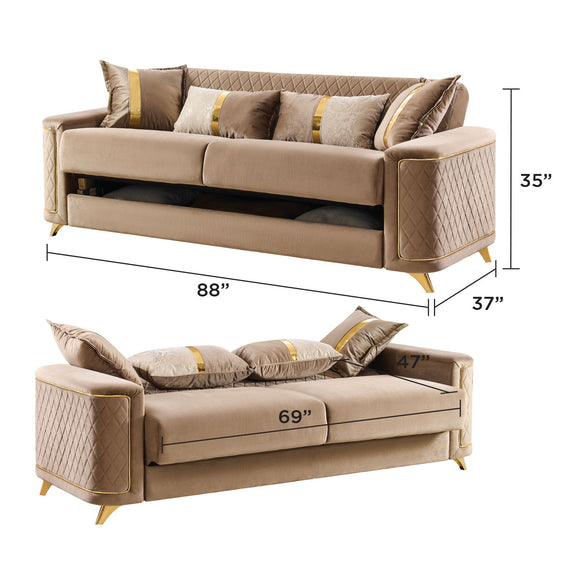 Beige living room sofa with quilted side panels, gold-tone accents, and accent pillows
