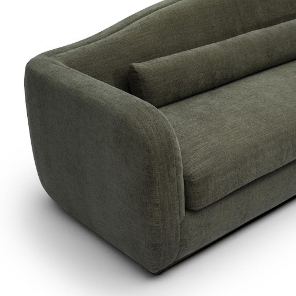 Olive green upholstered sofa with thick arms and deep seat cushion