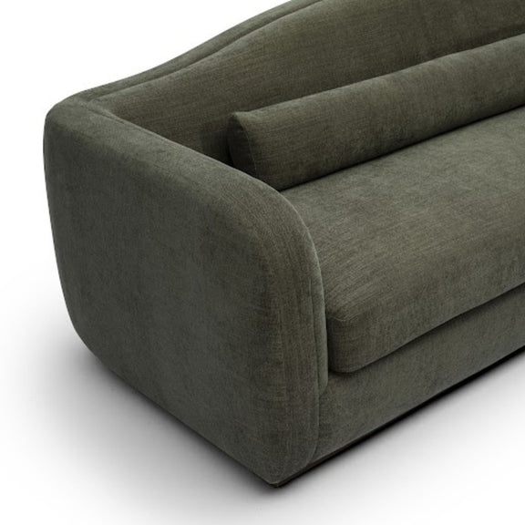 Olive green upholstered sofa with thick arms and deep seat cushion