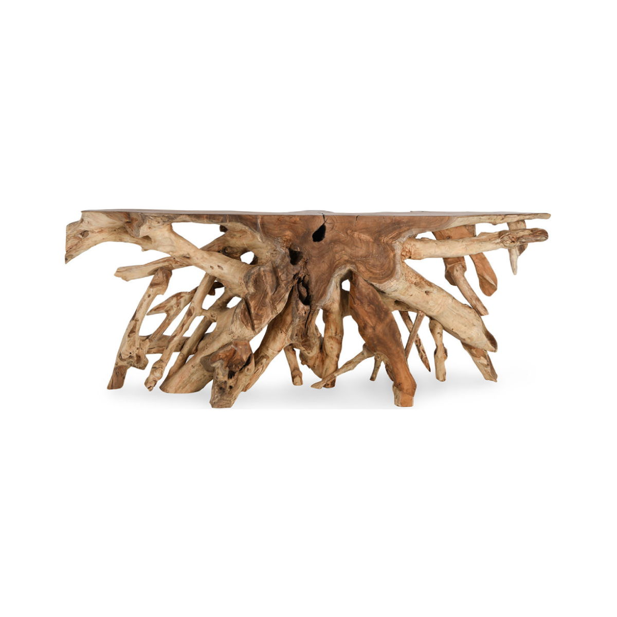 Natural wood console table with carved root legs and wide rectangular tabletop