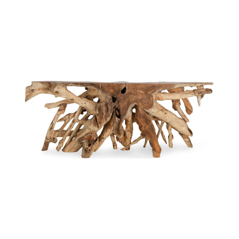 Natural wood console table with carved root legs and wide rectangular tabletop