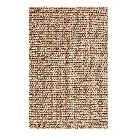 Beige chunky loop rug with uniform looped pattern and textured, low pile