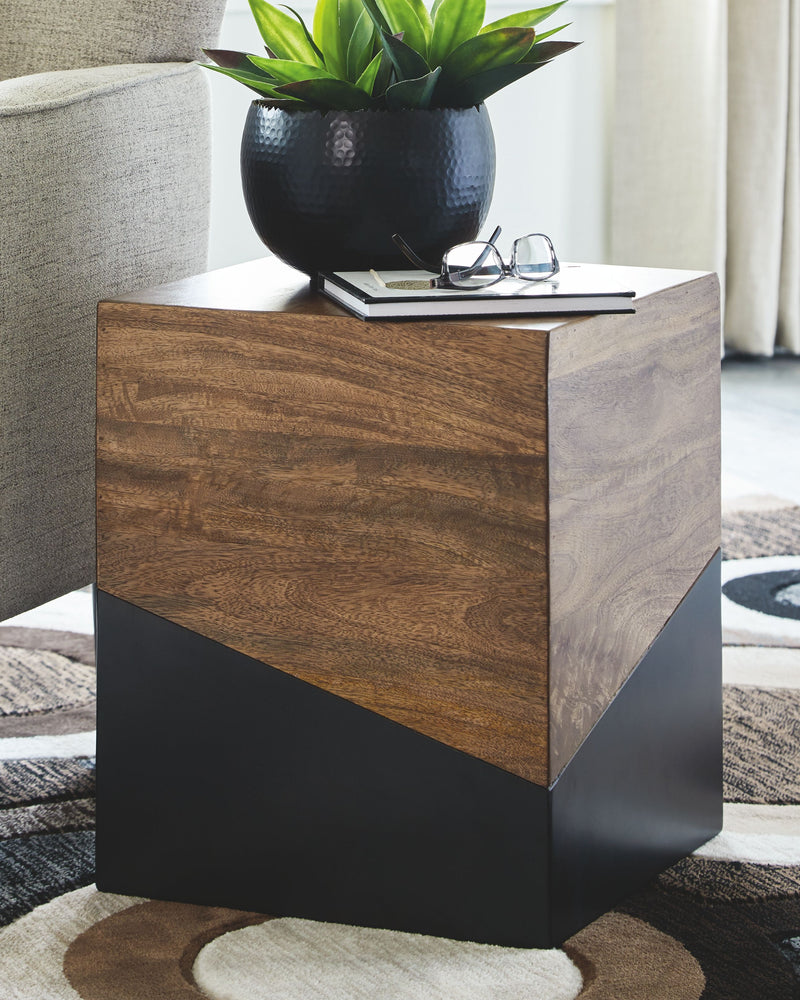 Square brown wood accent table with gunmetal gray lower body.